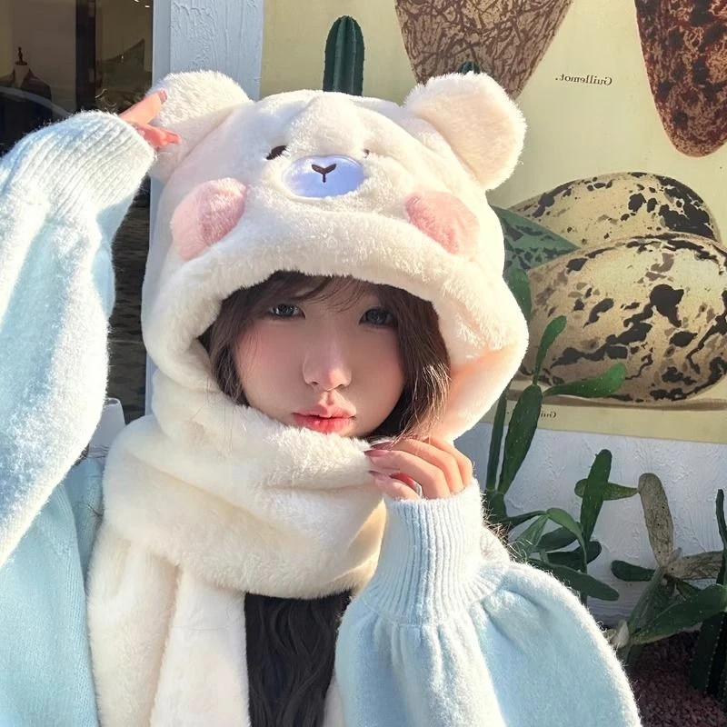 小熊帽子韩版可爱加厚女秋冬围巾一体保暖围脖手套护耳毛绒三件套