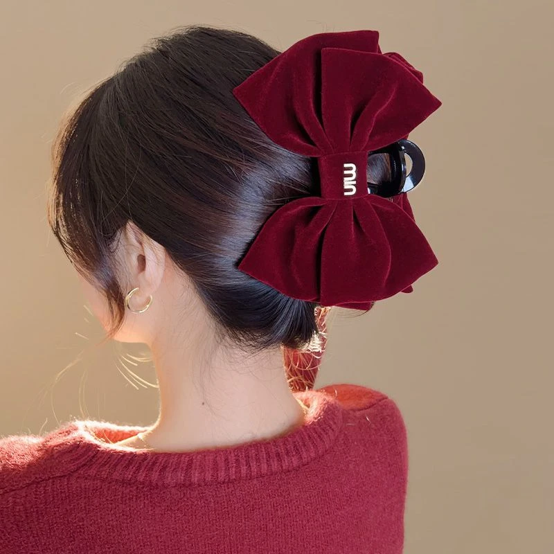 秋冬抓绒发夹在逃公主头饰黑色双面大蝴蝶结抓夹气质鲨鱼发夹女后