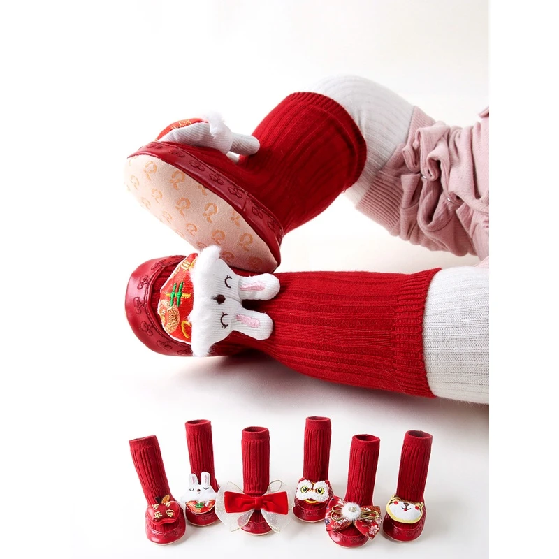 宝宝红色鞋袜软底学步春秋婴儿防滑中筒可爱兔子满月学步新生儿袜