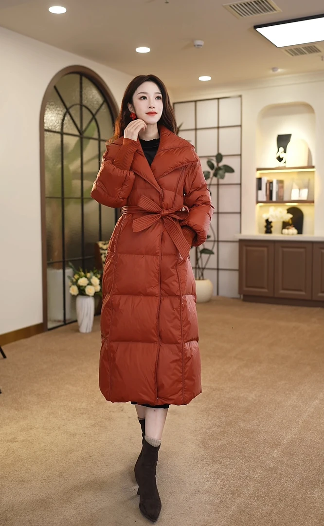 冬季女士长款时尚过膝翻领百搭保暖收腰休闲超厚羽绒服-Z24-33