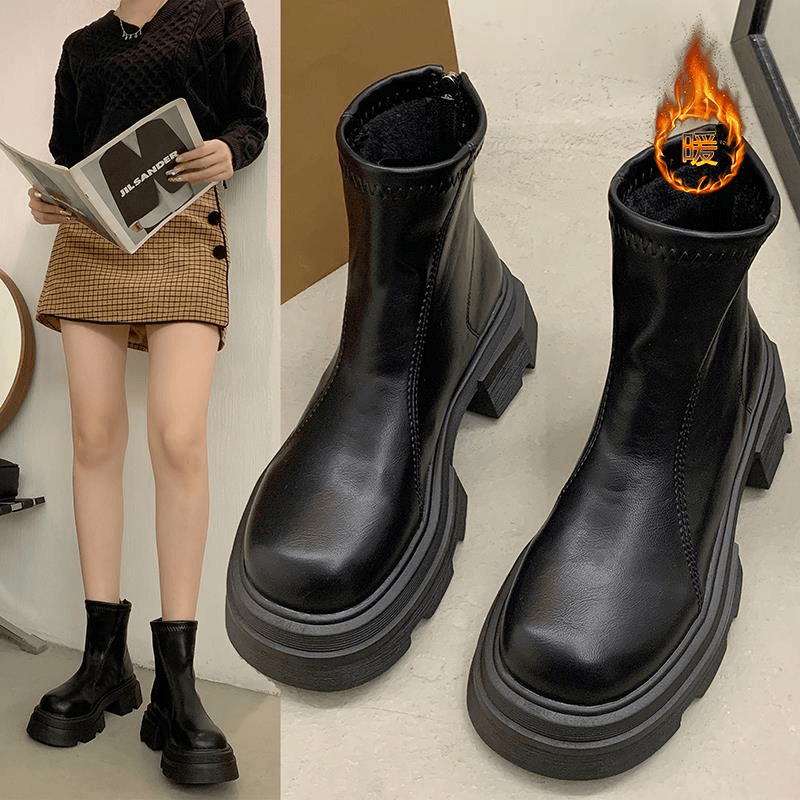 英伦风炸街小短靴女秋冬季加绒厚底配裙子2023新款烟筒马丁靴