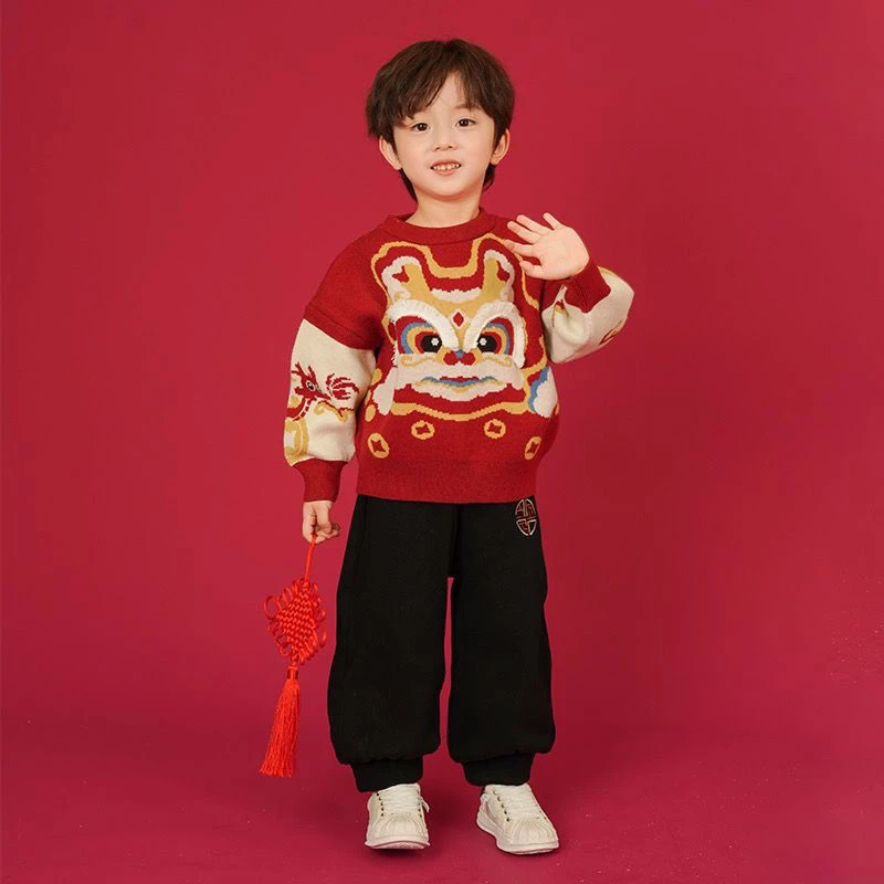 儿童拜年服套装男女童2024龙年新年红色卫衣过年衣服兄妹装两件套