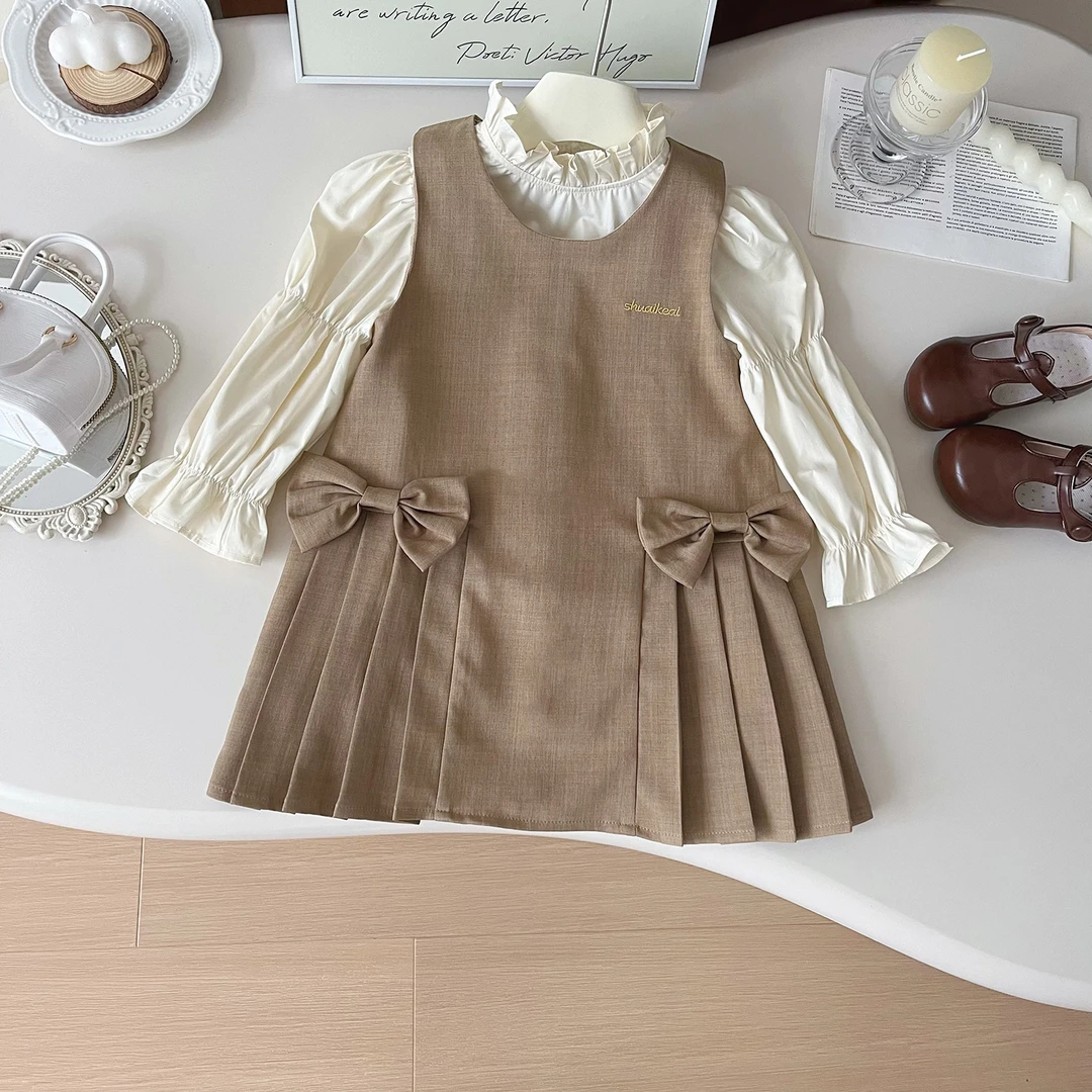 2024Q秋季新款韩版时尚女童气质衬衫蝴蝶结马甲裙套装Q67317