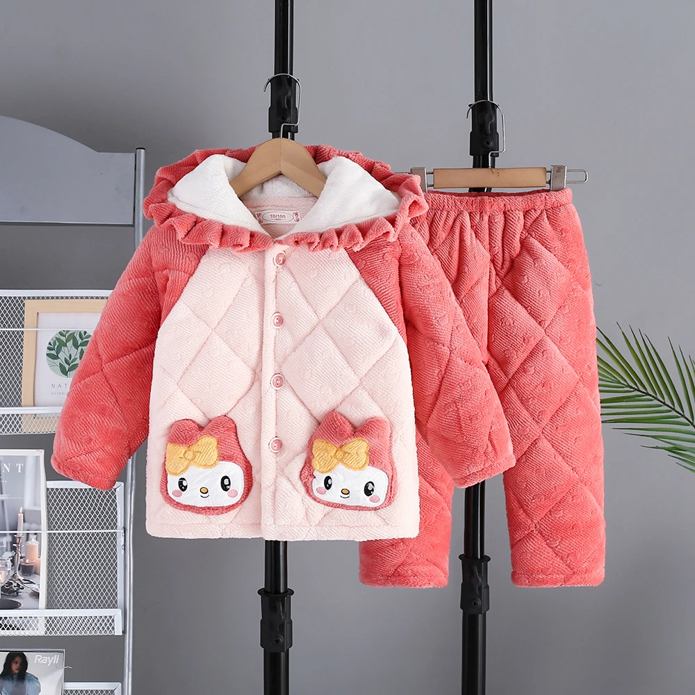 冬季新品女童法兰绒睡衣加绒加厚卡通连帽夹棉家居套装女童厚睡衣