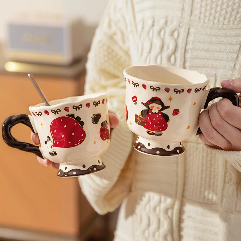 【摩登主妇】节日乔迁送礼草莓女孩可爱陶瓷马克杯带手柄马克杯餐具
