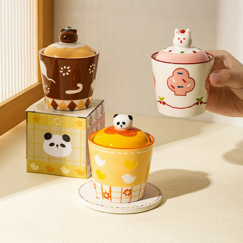 【摩登主妇】动物派对陶瓷盖碗家用茶杯带盖杯子可爱泡茶杯盖碗