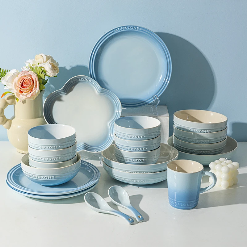 【摩登主妇】MONAZONE雾霾蓝炻瓷碗碟套装碗盘筷乔迁送礼礼物餐具