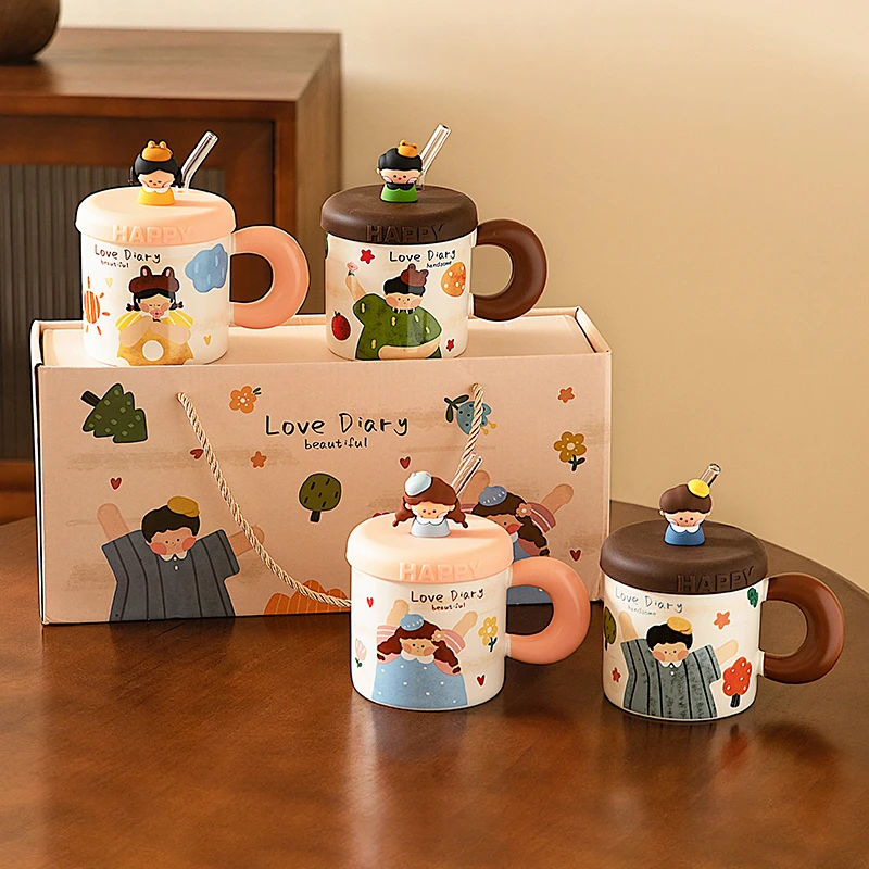 【摩登主妇】乔迁送带盖马克杯可爱吸管杯儿童节礼物女陶瓷杯情侣杯