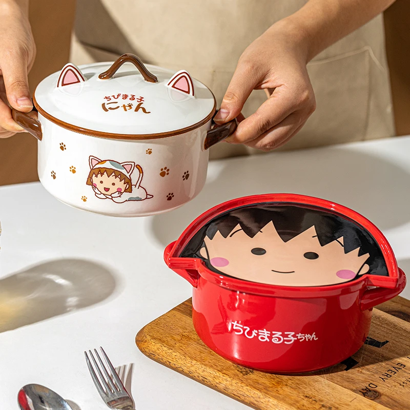 【粉丝专享】樱桃小丸子系列带盖泡面碗陶瓷学生宿舍汤碗家用双耳