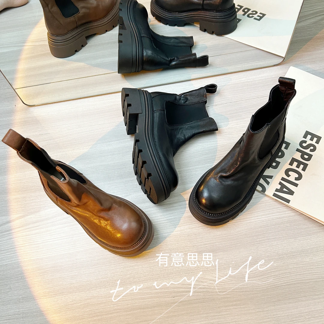 【思思严选】—‘厚底切尔西’缩纹工艺真皮英伦风休闲切尔西靴