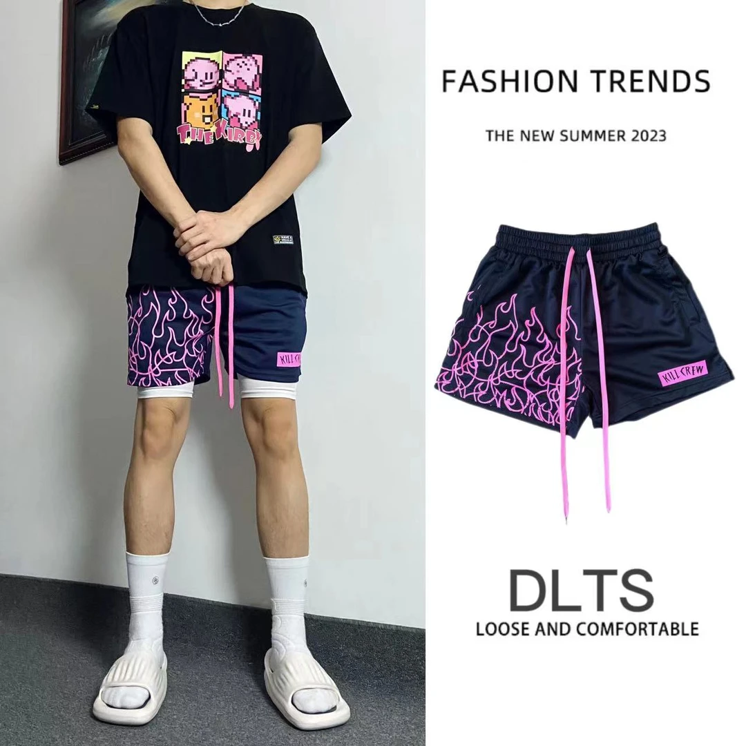 美式三分运动篮球短裤男夏季新款火焰印花速干透气不过膝篮球短裤