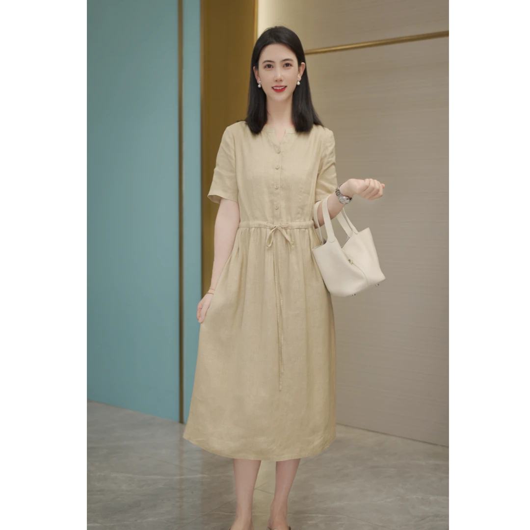 时空集原创正品早秋新款100%汉麻宽松连衣裙气质纯色女装1008时尚