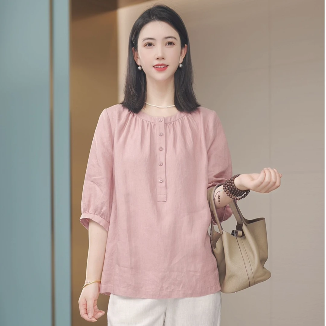 100%汉麻春季新款FS1033时尚气质宽松圆领纯色汉麻休闲短袖衬衫