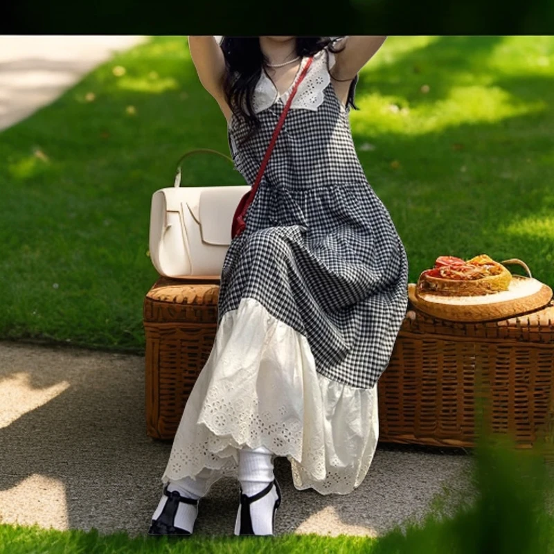 气质女装连衣裙蕾丝边格子宽松连衣裙夏季无袖法式长款裙新款