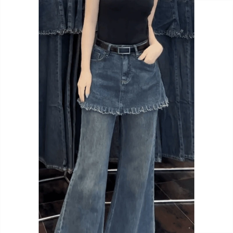 春季新款设计感高级假两件喇叭牛仔裤女气质高腰显瘦阔腿喇叭裤子