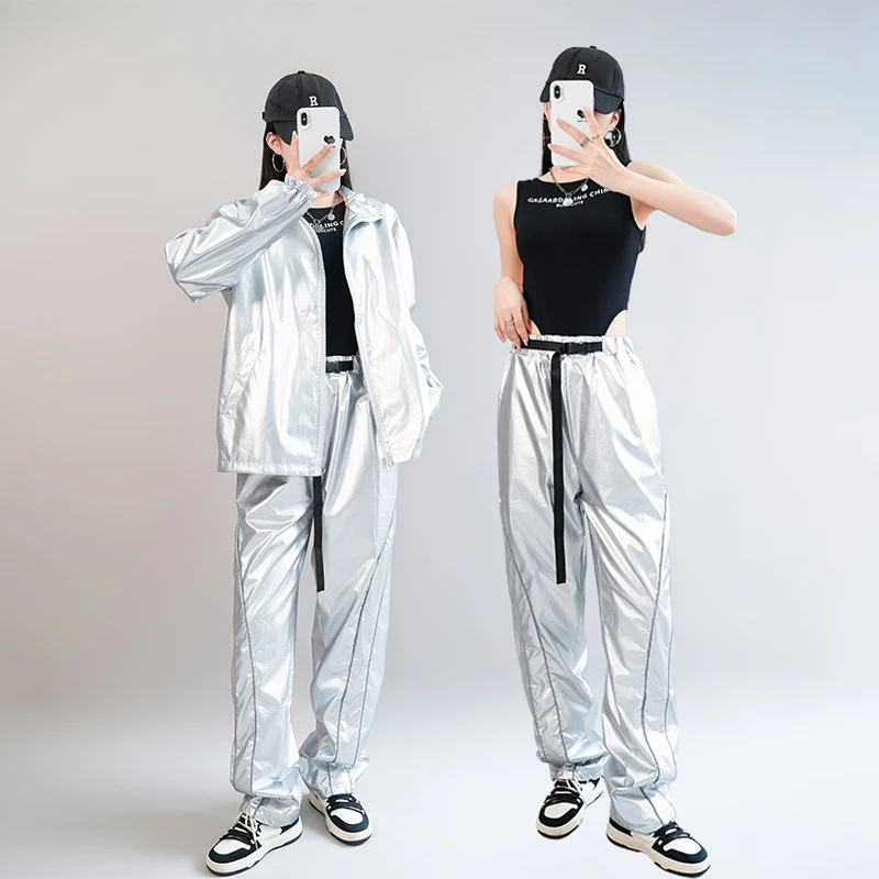 新款韩国女团同款爵士舞韩舞蹈嘻哈JAZZ表演街舞演出亮银长袖套装