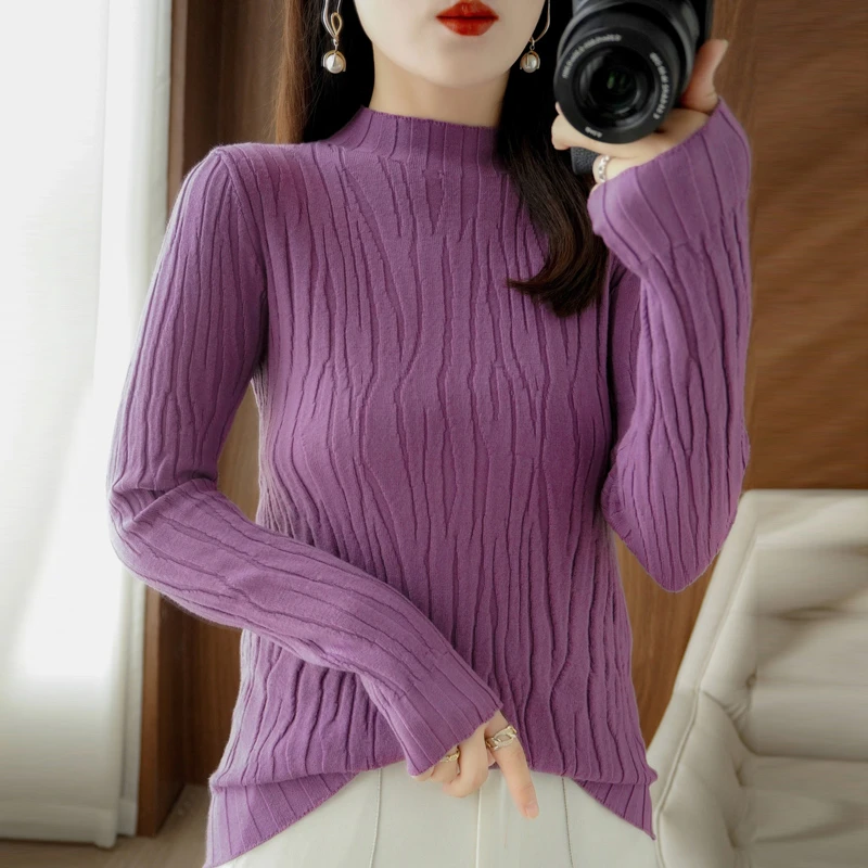 重磅推荐 秋冬季半高领立体水波纹打底衫上衣针织衫气质女内外穿