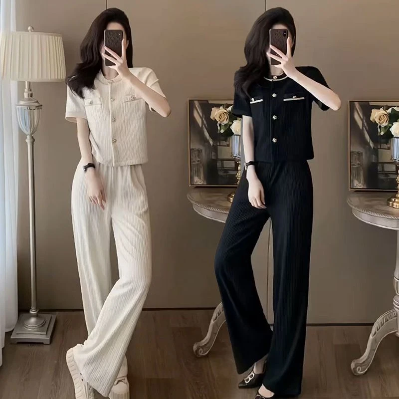 2025夏季新款时尚小香风套装女薄款短袖圆领上衣直筒阔腿裤两件套