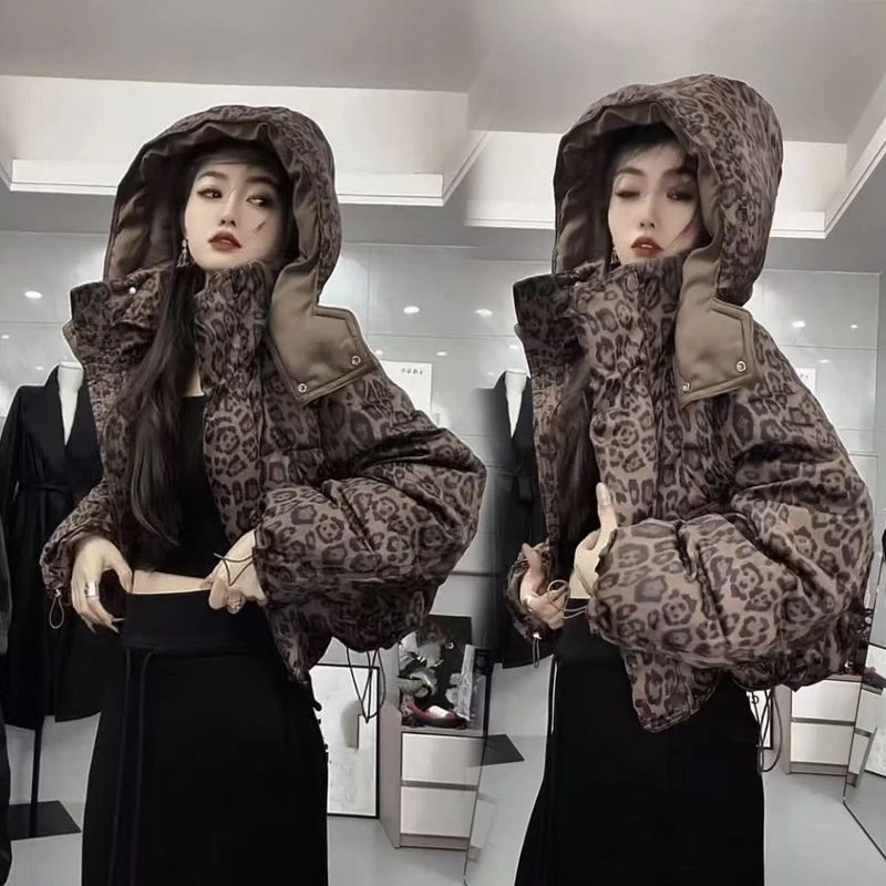 网红爆款2025冬季新款韩版时尚豹纹棉服女外套加厚保暖连帽短棉衣
