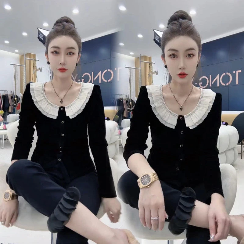 25春秋新款韩版时尚金丝绒打底衫女修身显瘦娃娃领荷叶边T恤小衫