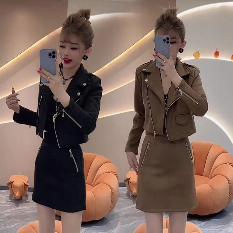 欧货气质显瘦时尚裙套装女春秋新品小个子穿搭短款上衣短裙两件套