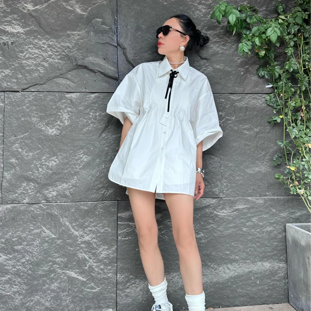 有尾24新品休闲百搭设计感女士圆肩袖塔克领缎带衬衫衬衣