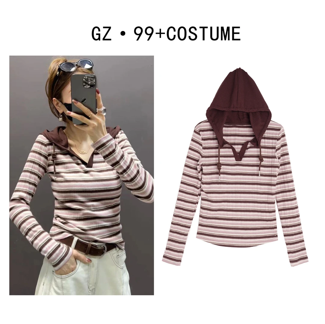 小九推荐 释义慰力 2024秋季新款时尚百搭条纹针织帽衫-T9918