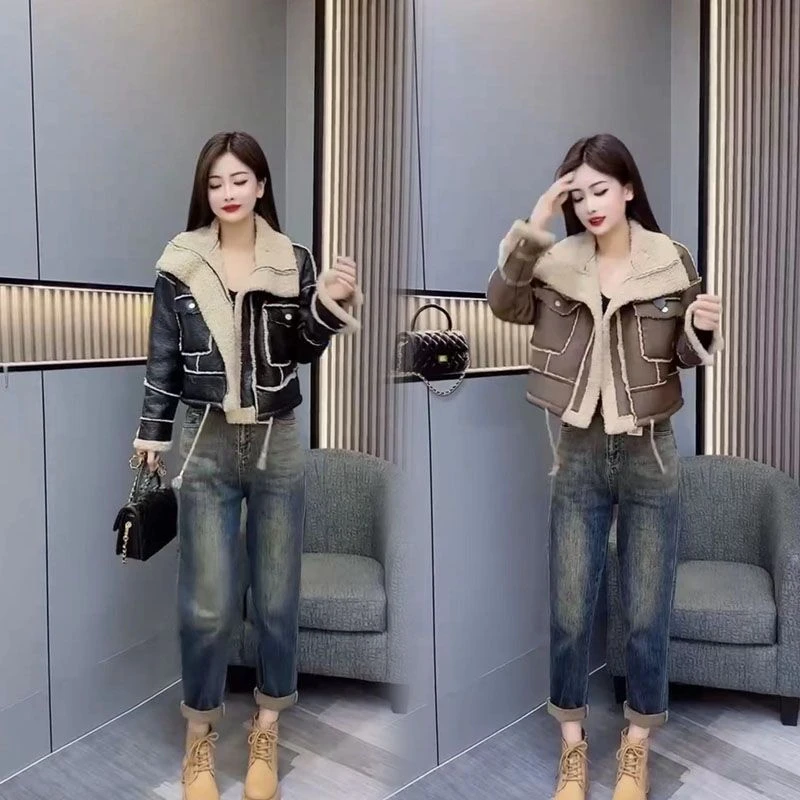 2023冬季新款韩版时尚立领洋气夹克皮毛一体机车服羊羔毛短外套女