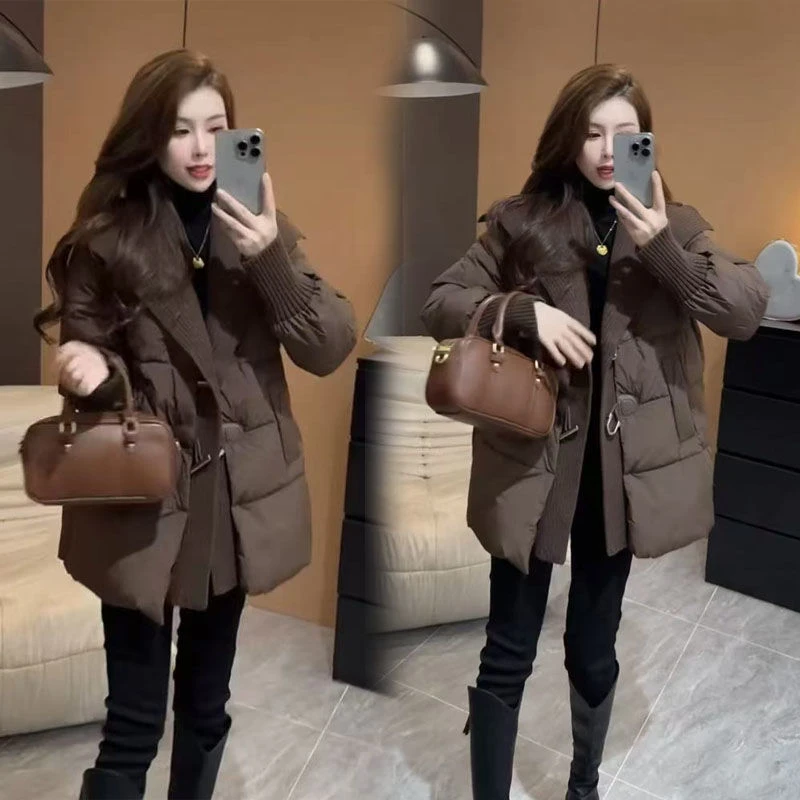 网红爆款2024冬新款韩版时尚大翻领棉服女中长款外套加厚保暖棉衣