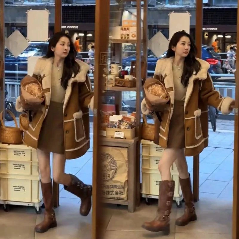连帽皮毛一体羊羔毛外套女冬拼接撞色加绒保暖毛毛棉袄棉衣中长款