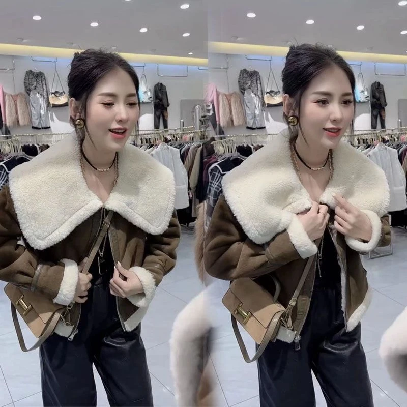 2023冬新款韩版时尚翻毛皮大翻领加绒外套女仿皮毛一体羊羔毛上衣