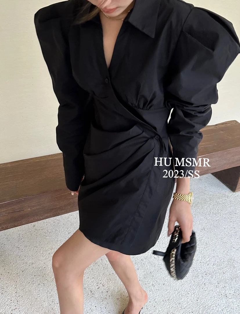 Hu新款 2色入 泡泡袖衬衣裙连衣裙