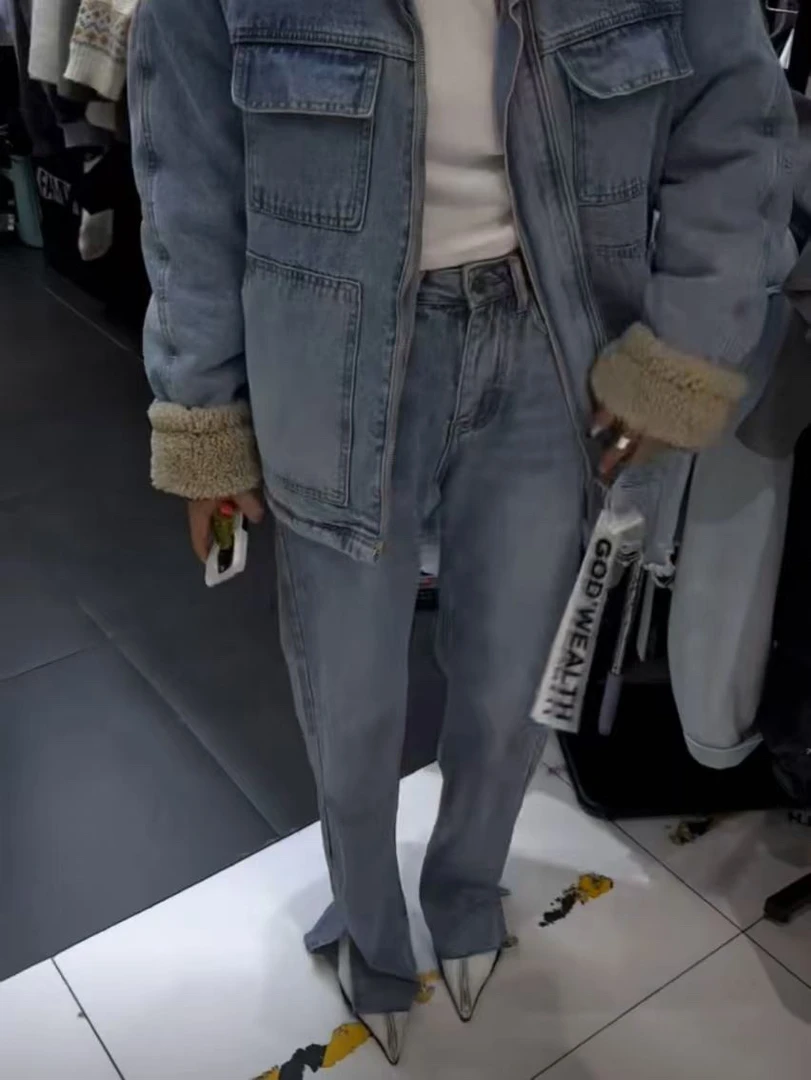 GOD财神新款 很显瘦偏修身款裤脚开叉加绒磨毛牛仔裤B1107