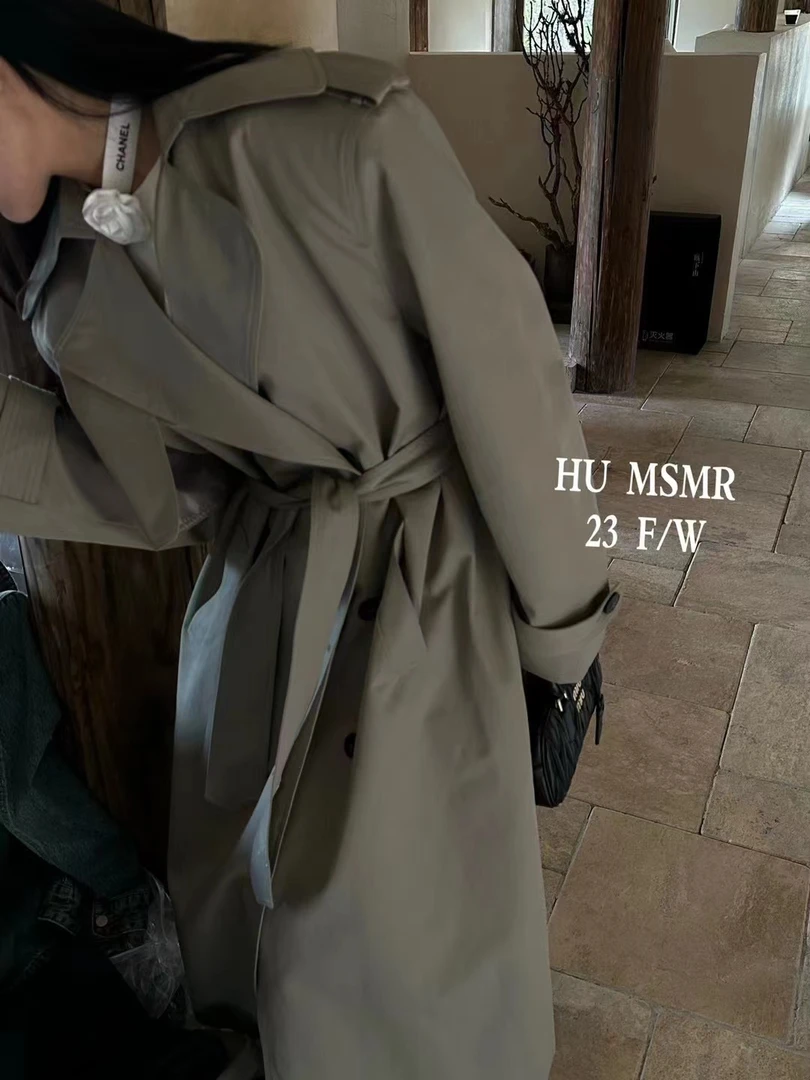 Hu新款 灰绿色颜色好看长款腰带宽松慵懒风衣外套20009