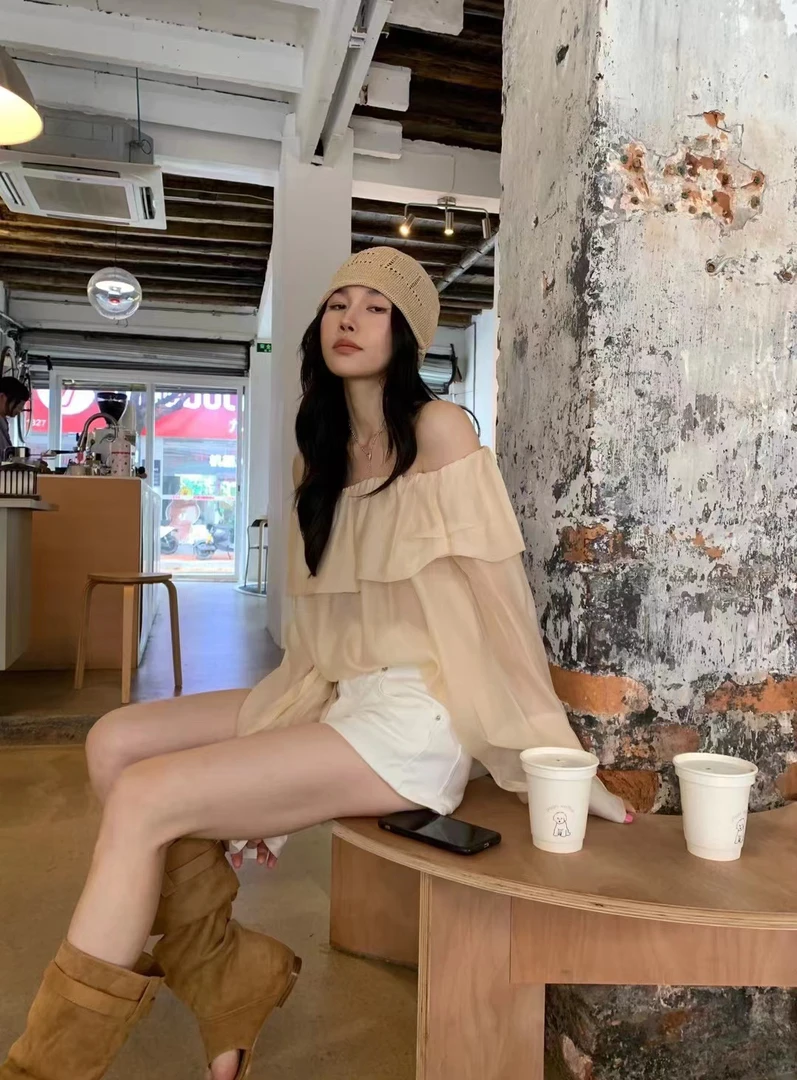 All In新款 很仙的一字领荷叶边女神款衬衫906