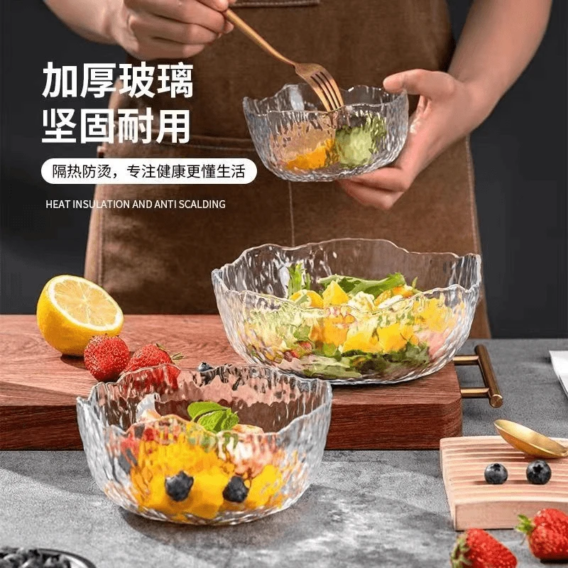 三件套锤纹玻璃碗透明沙拉碗无金边创意水果盘网红餐具套装