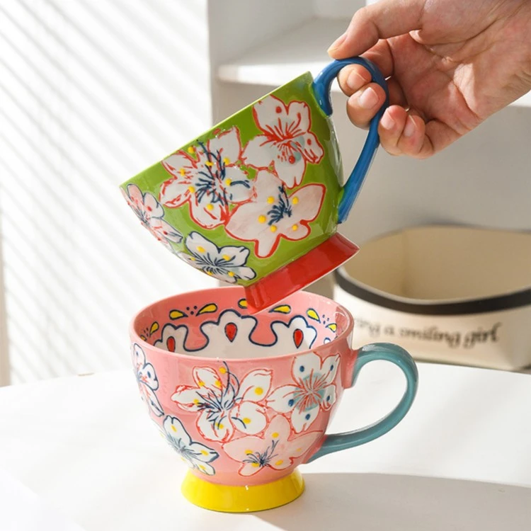 众琛叔叔手绘浮雕陶瓷早餐杯防坠燕麦安全带咖啡杯马克杯陶瓷杯