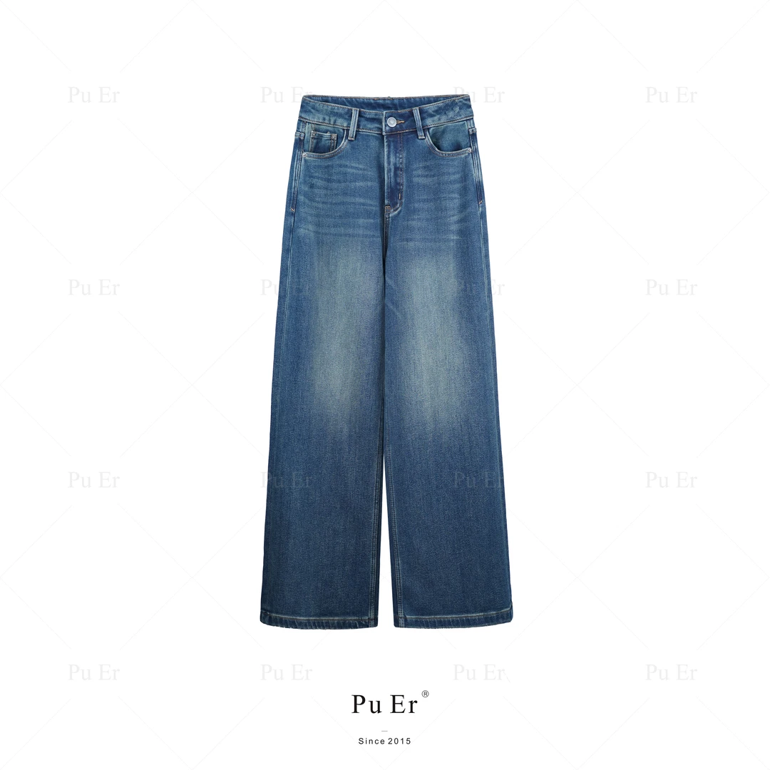 璞迩深蓝色加绒直筒牛仔裤