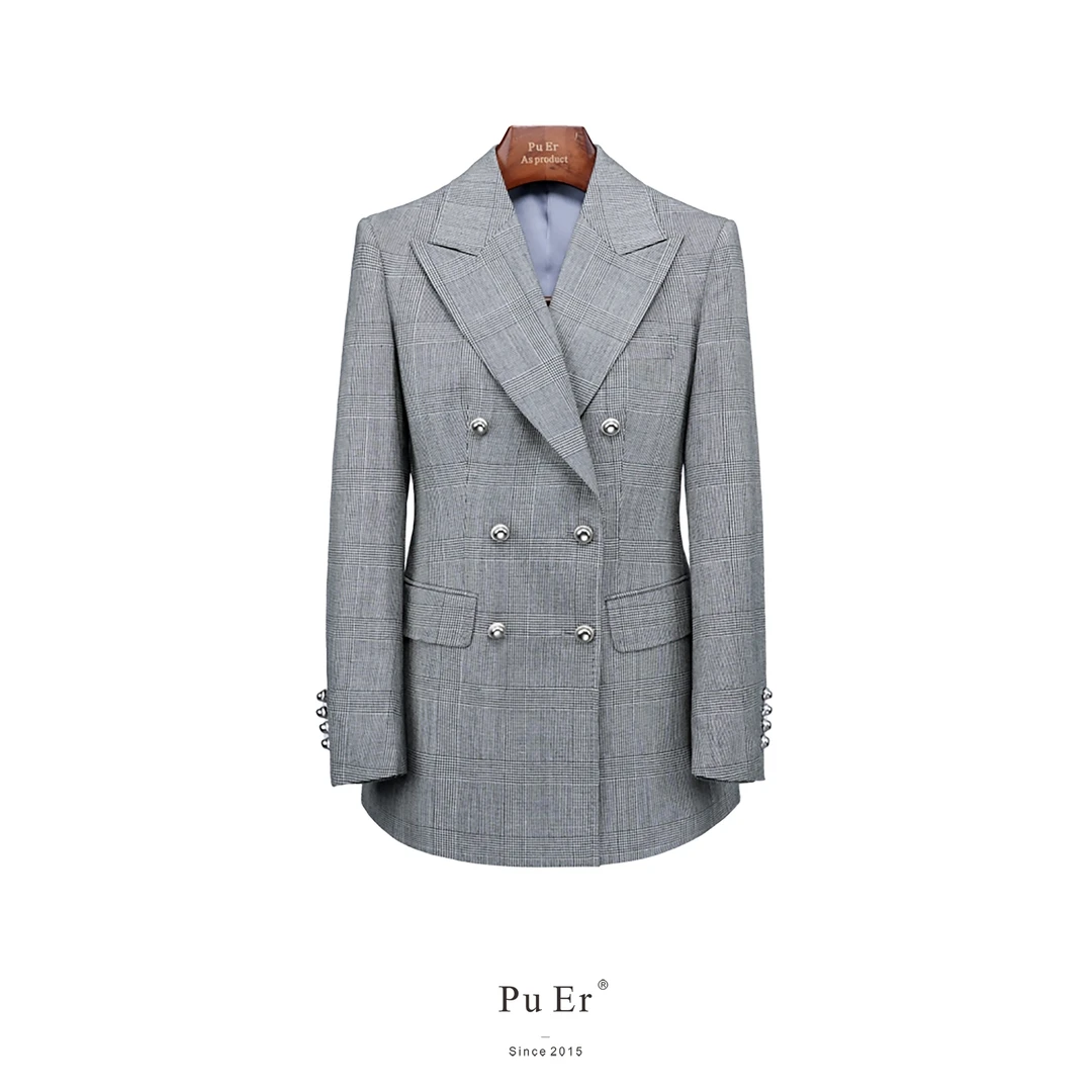 PUER浅灰色威尔士复古休闲亲王格单西服