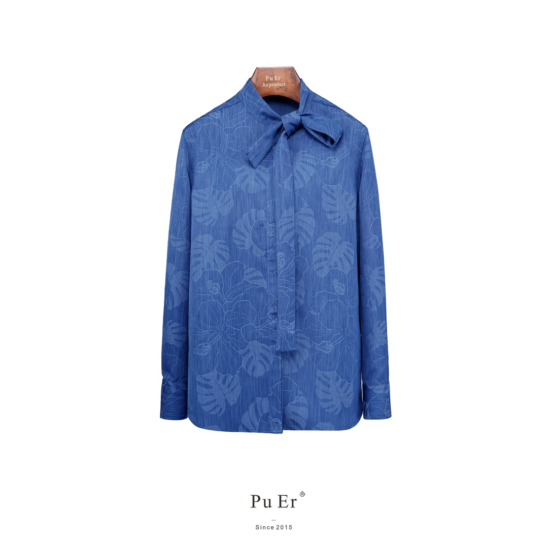 PUER初秋牛仔蓝提花多系法长飘带宽松衬衣