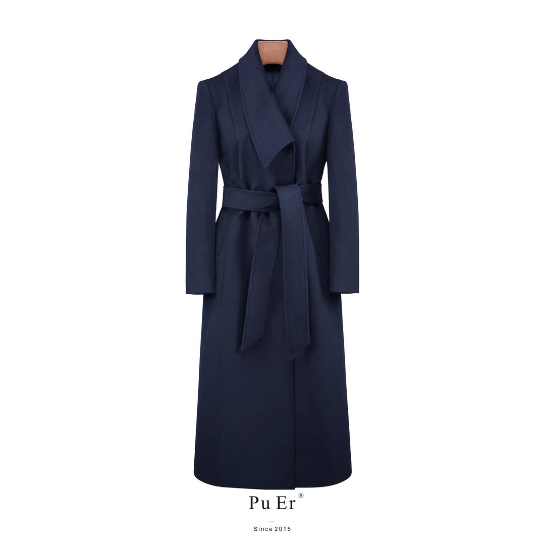 璞迩海青蓝低开领羊绒大衣