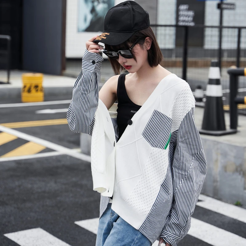 U/TI尤缇专柜热卖拼色针织条纹女装长袖衬衫