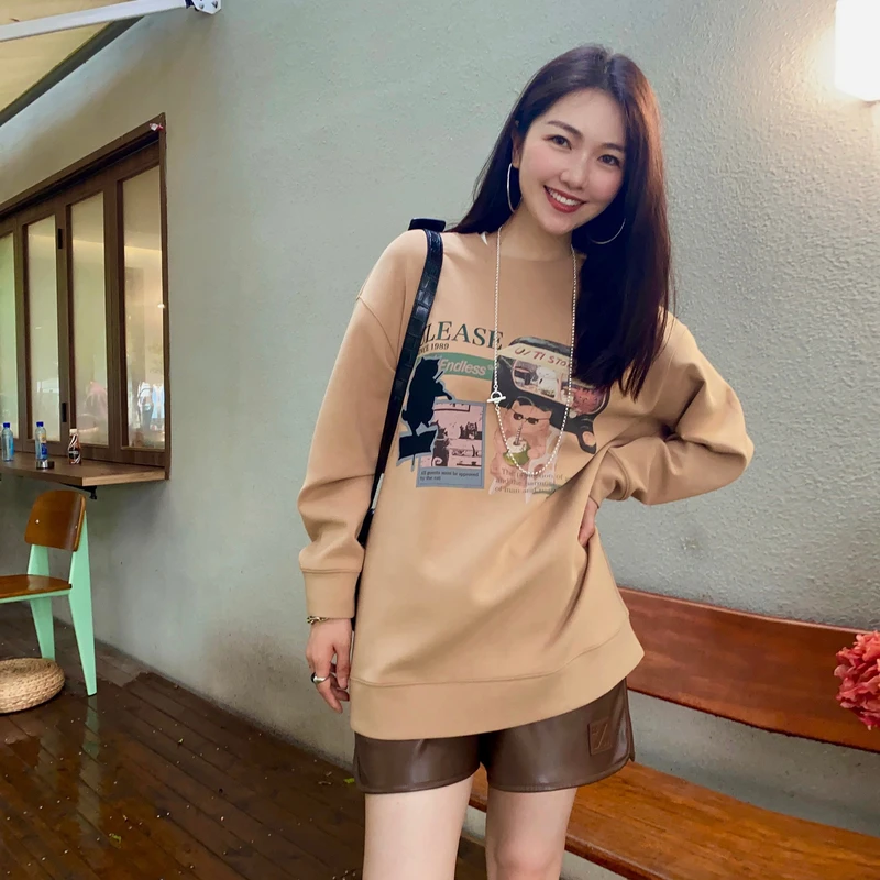 U/TI秋专柜新品【Cute Cat Planet】秋冬慵懒印花咖色卫衣连衣裙