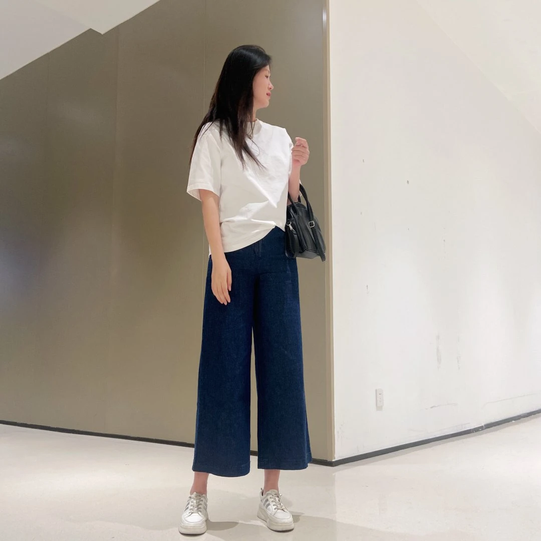 清库女款高腰显瘦舒适高品质亚麻牛仔裤阔腿裤休闲宽松九分裤