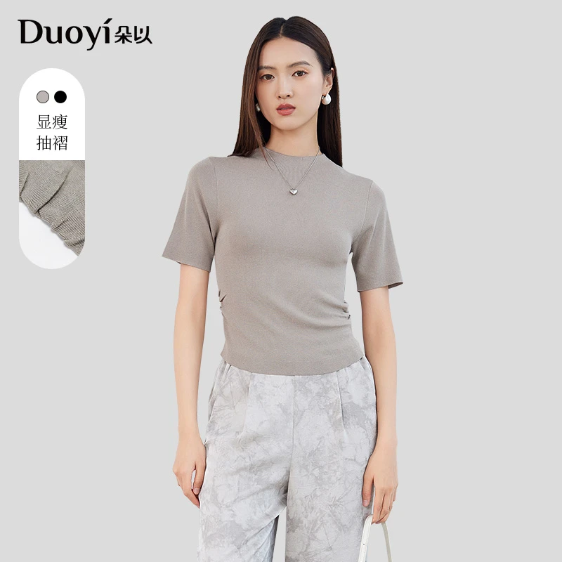 朵以2024秋新款简约小立领抽褶修身短袖针织衫上衣女39DQ535007