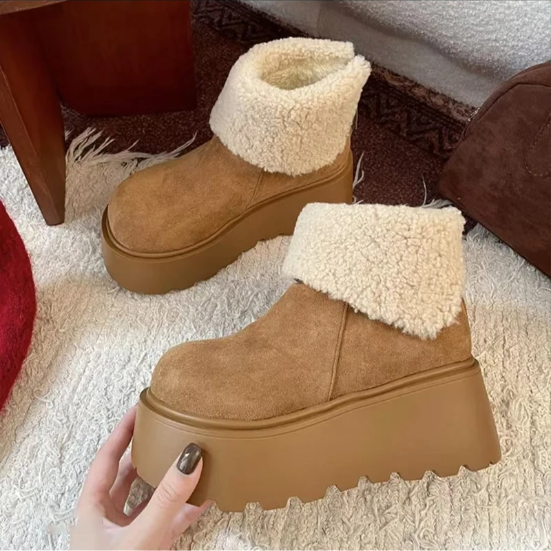 7cm增高厚底雪地靴女款2024年冬季新款翻毛短筒保暖防滑加厚棉靴