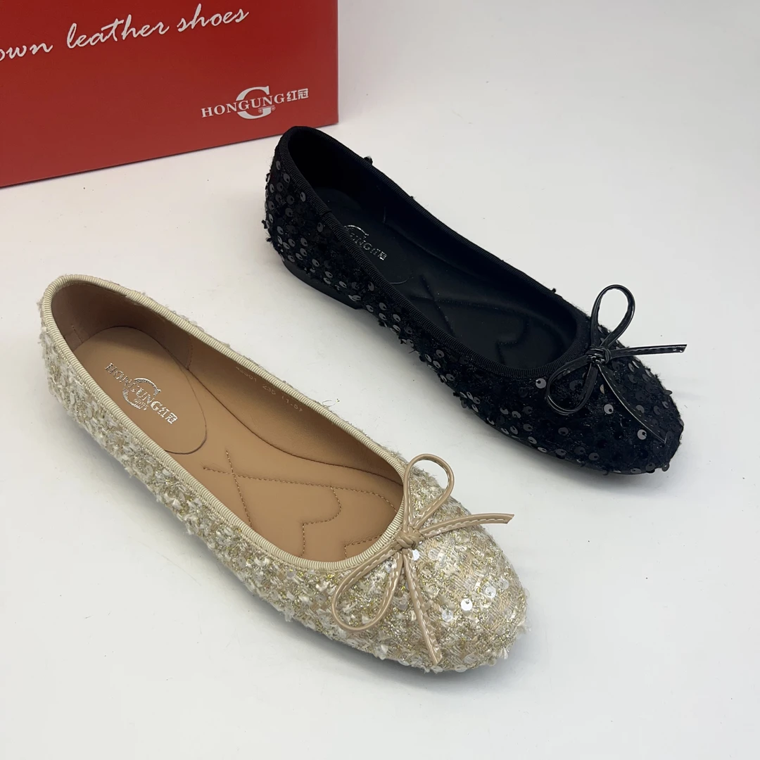 红冠皮鞋新款亮片小香风43301圆头平底鞋时尚百搭春季