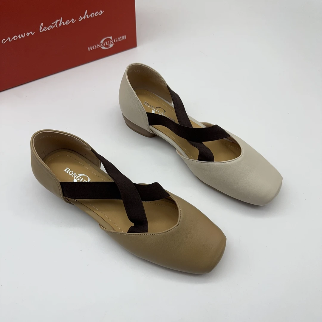 红冠皮鞋夏季新款中空女鞋方头芭蕾舞女鞋46200时尚舒适