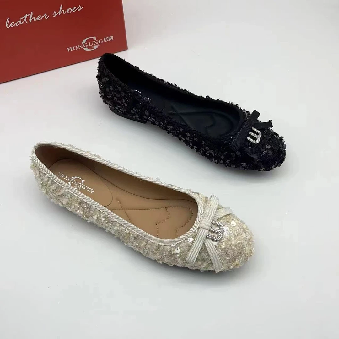 红冠皮鞋新款亮片小香风43301A圆头平底鞋时尚百搭春季