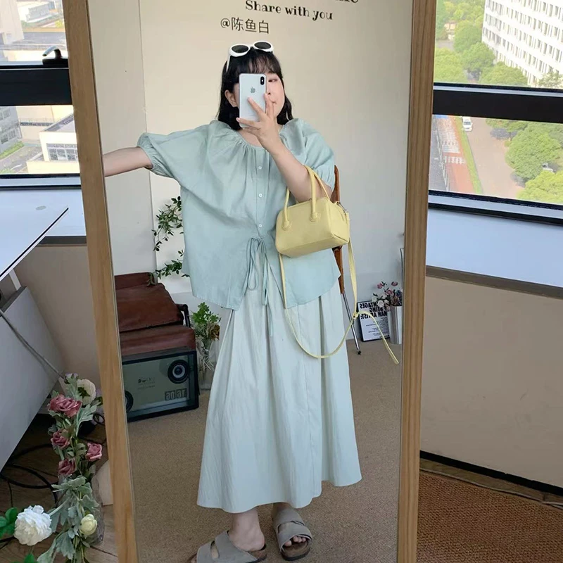 韩系泡泡袖衬衫夏宽松系带上衣纯色高腰休闲显瘦半身裙套装